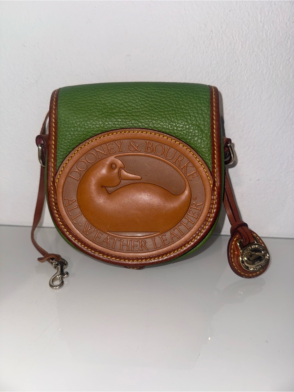 Vintage Dooney & Bourke Green and Tan All Weather Leather Crossbody Bag